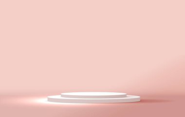 Kozmetik pastel pembe arka plan ve ürün markalaştırma ve paketleme sunumu için premium podyum. Arka planda gölgesi olan stüdyo sahnesi. vektör tasarımı.