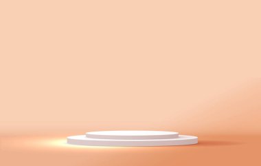 Kozmetik pastel pembe arka plan ve ürün markalaştırma ve paketleme sunumu için premium podyum. Arka planda gölgesi olan stüdyo sahnesi. vektör tasarımı.