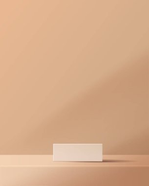 Ürün markalaştırma ve paketleme sunumu için kozmetik açık kahverengi arka plan minimal ve premium podyum görüntüleme. Stüdyo sahnesinin arka planında yaprak var. dizayn.