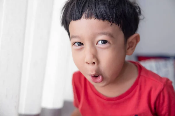 Close Portrait Asian Child Boy Straight Black Hair Wearing Red — Stock Photo, Image