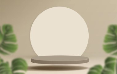 Ürün markalaştırma ve paketleme sunumu için kozmetik açık kahverengi arka plan minimal ve premium podyum görüntüleme. Stüdyo sahnesinin arka planında yaprak var. 3B illüstrasyon tasarımı.