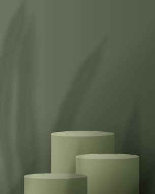 Ürün markalaştırma ve paketleme sunumu için kozmetik açık yeşil arka plan minimal ve premium podyum görüntüleme. Stüdyo sahnesinin arka planında yaprak var. dizayn.