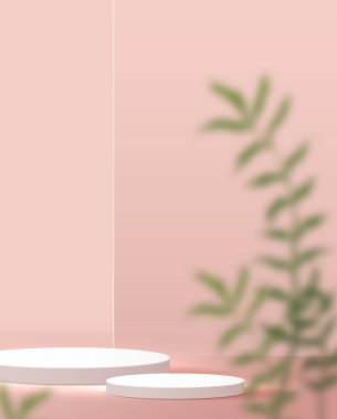 Ürün markalaştırma ve paketleme sunumu için kozmetik açık pembe arka plan minimal ve premium podyum görüntüsü. Stüdyo sahnesinin arka planında yaprak var. 3B illüstrasyon tasarımı.