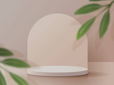 Ürün markalaştırma ve paketleme sunumu için kozmetik açık kahverengi arka plan minimal ve premium podyum görüntüleme. Stüdyo sahnesinin arka planında yaprak var. 3B illüstrasyon tasarımı.