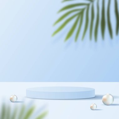 Ürün markalaştırma ve paketleme sunumu için kozmetik açık mavi arka plan minimal ve premium podyum görüntüleme. Stüdyo sahnesinin arka planında yaprak var. dizayn.