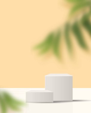 Ürün markalaştırma ve paketleme sunumu için kozmetik açık sarı arka plan minimal ve premium podyum görüntüleme. Stüdyo sahnesinin arka planında yaprak var. 3B illüstrasyon tasarımı.