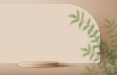 Ürün sunumu, markalaşma ve paketleme sunumu için kozmetik kahverengi arka plan minimal ve premium podyum. Stüdyo sahnesinin arka planında yaprak var. 3B illüstrasyon tasarımı.