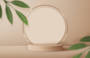 Ürün sunumu, markalaşma ve paketleme sunumu için kozmetik kahverengi arka plan minimal ve premium podyum. Stüdyo sahnesinin arka planında yaprak var. 3B illüstrasyon tasarımı.