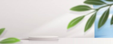 Ürün markalaştırma ve paketleme sunumu için kozmetik açık gri arka plan minimal ve premium podyum görüntüleme. Stüdyo sahnesinin arka planında yaprak var. 3B illüstrasyon tasarımı.