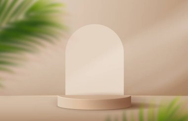 Ürün sunumu, markalaşma ve paketleme sunumu için kozmetik kahverengi arka plan minimal ve premium podyum. Stüdyo sahnesinin arka planında yaprak var. 3B illüstrasyon tasarımı.