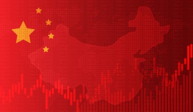 Growing chart against the background of the China flag candlestick graph Stock market exchange and graph chart business finance money investment on display board. vector design.