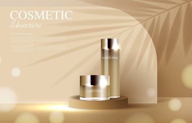 Cosmetics or skin care product ads with bottle, banner ad for beauty products , brown and leaf background glittering light effect. vector design.