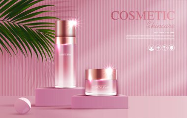 Cosmetics or skin care product ads with bottle, banner ad for beauty products , pink and leaf background glittering light effect. vector design.