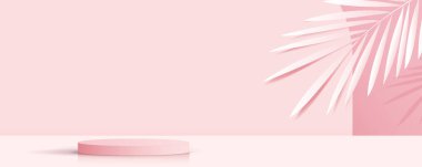 Cosmetic on pink background and premium podium display for product presentation branding and packaging . studio stage with shadow of leaf background. vector design.