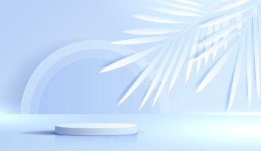 Cosmetic blue background and premium podium display for product presentation branding and packaging . studio stage with shadow of leaf background. vector design.