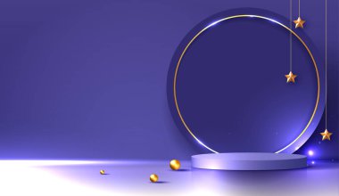 Kozmetik mor arkaplan ve ürün sunumu markalaşma ve paketleme için premium podyum görüntüsü. Gece yıldızı arkaplanının gölgesi olan stüdyo sahnesi. vektör tasarımı.