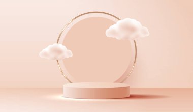 Cosmetic light brown background and premium podium display for product presentation branding and packaging. studio stage with cloud of background. vector design.