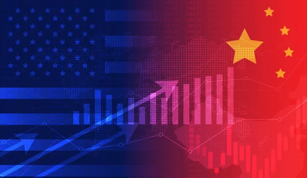 Comercio Economía Guerra Estados Unidos China Bandera Vela Gráfico Bolsa — Vector de stock