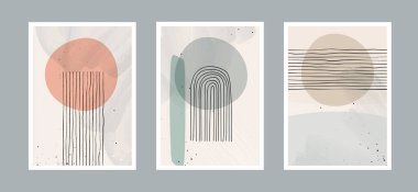 Duvar dekorasyonu, kartpostal veya broşür kapağı tasarımı için geometrik denge şekillerine, gökkuşağına ve güneşe sahip soyut çağdaş sanat geçmişi. Vektör tasarımı.