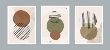 Duvar dekorasyonu, kartpostal veya broşür kapağı tasarımı için geometrik denge şekillerine, gökkuşağına ve güneşe sahip soyut çağdaş sanat geçmişi. Vektör tasarımı.