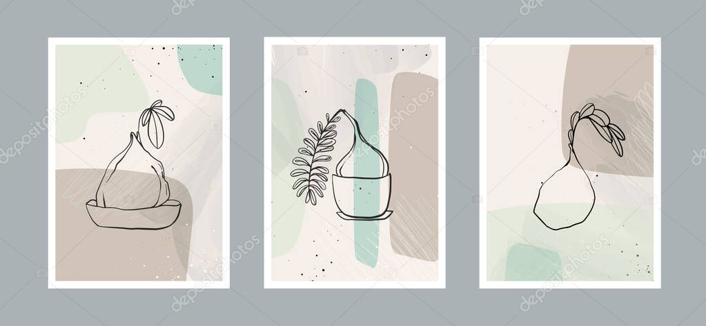 Modern abstract leaves line art background with different shapes for wall decoration, postcard or brochure cover design. Vector design.