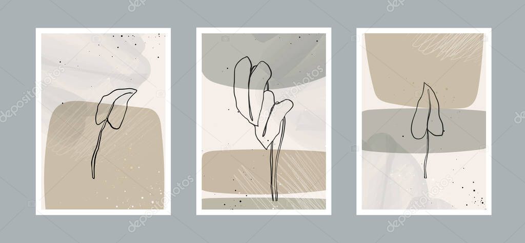 Modern abstract leaves line art background with different shapes for wall decoration, postcard or brochure cover design. Vector design.