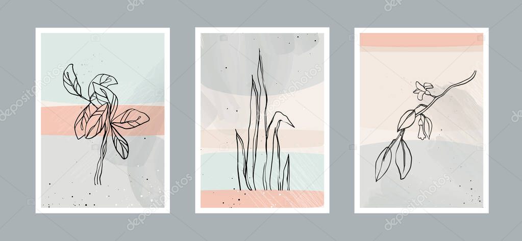 Modern abstract leaves line art background with different shapes for wall decoration, postcard or brochure cover design. Vector design.