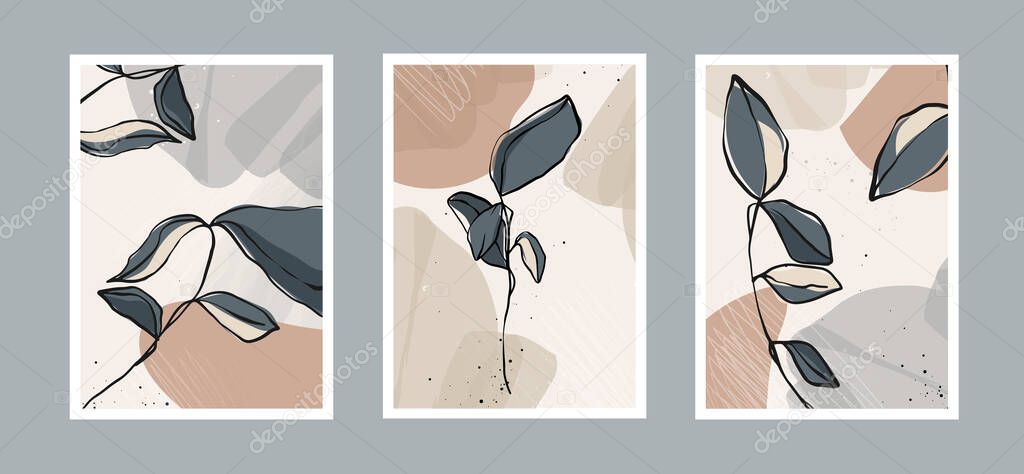 Modern abstract leaves line art background with different shapes for wall decoration, postcard or brochure cover design. Vector design.