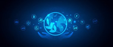 Çevre simgeleriyle ağ bağlantısı üzerinden çevre teknolojisi ya da çevre teknolojisi el ele tutuşuyor. vektör tasarımı.