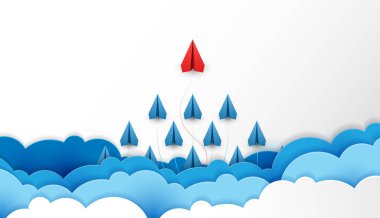 Kağıt uçak bulutlara ulaşmak için yapılan bir yarışmadır ve gökyüzü başarı hedefine ulaşır. finansal konsept. Liderlik. yaratıcı fikir. Doğa manzarası ve kağıt sanatının iş anlayışı. vektör.