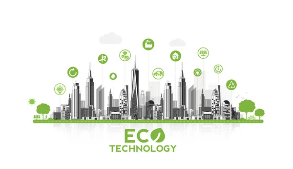 Eco Tecnologia Conceito Ambiental Moderna Cidade Verde Estilo Vida Urbano —  Vetores de Stock