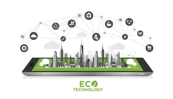 Tecnología Ecológica Con Teléfono Móvil Concepto Ambiental Moderna Ciudad Verde — Archivo Imágenes Vectoriales