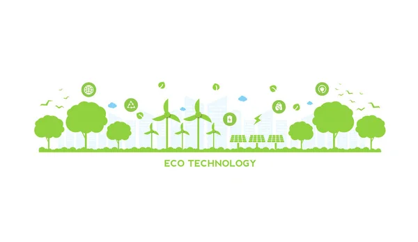 Eco Tecnologia Conceito Ambiental Moderna Cidade Verde Folha Planta Crescendo —  Vetores de Stock