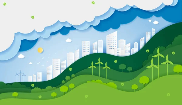 Papier Cięcia Ekologii Ochrony Środowiska Koncepcji Twórczej Zielone Eko Miasto — Wektor stockowy