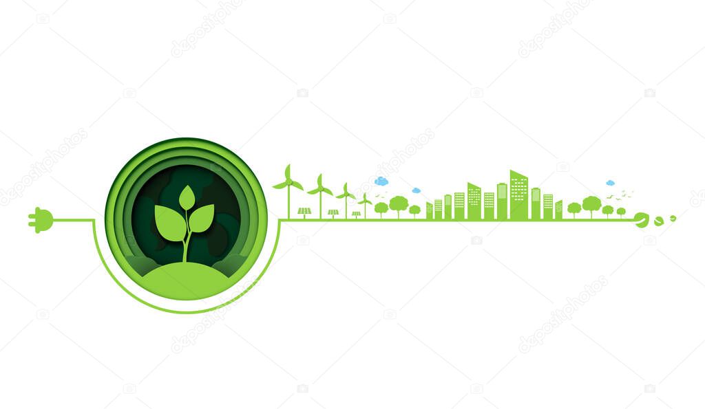 Paper art of green ecology technology and nature concept. save energy creative idea concept with nature and environment conservation. vector design.