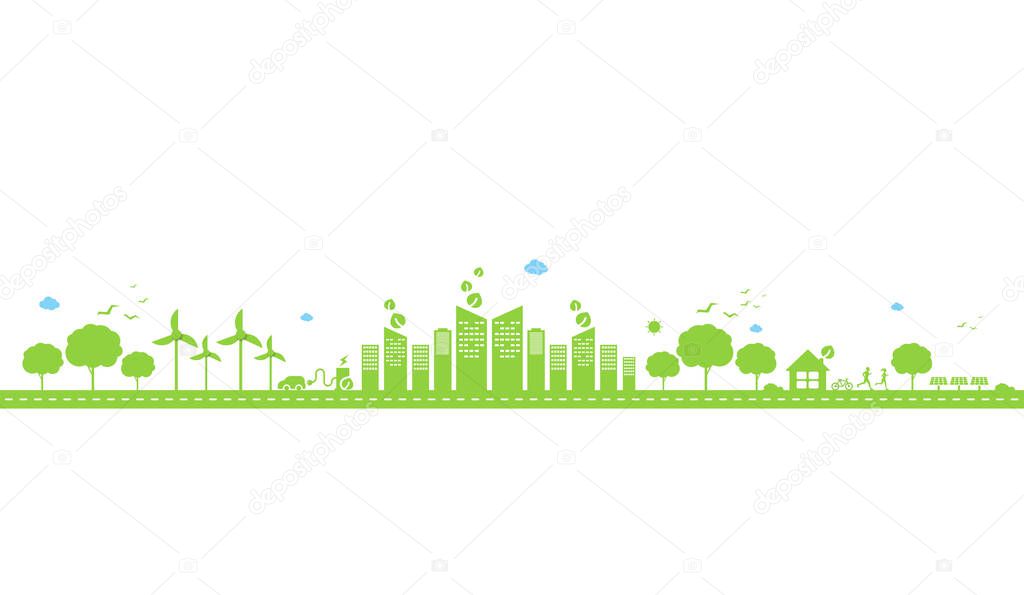 Eco technology or environmental concept modern green city and plant leaf growing inside.  Eco-friendly urban lifestyle with icons over the network connection. vector design.
