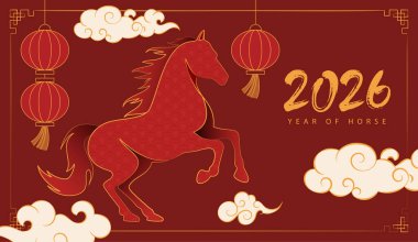 Çin Yeni Yıl 2026 kutlamaları altın at burcu, kırmızı şenlik arka planı, fenerler, geleneksel desenler, bulutlar ve Ay Yeni Yıl tasarımı için şanslı dekorasyonlar.