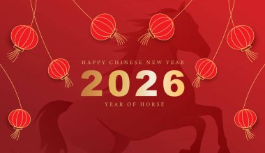 Çin Yeni Yıl 2026 kutlamaları altın at burcu, kırmızı şenlik arka planı, fenerler, geleneksel desenler, bulutlar ve Ay Yeni Yıl tasarımı için şanslı dekorasyonlar.