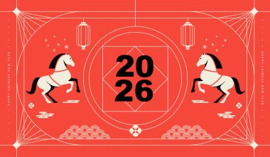 Ay yeni yılı, Çin yeni yılı 2026, At yılı, çizgi sanatı, özet, basit doğrusal. Geleneksel Asya unsurlarıyla süslenmiş. fenerler, at ve ikonlar ve baskılar için geleneksel. vektör tasarımı.