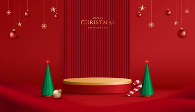 Noel 'de ya da yeni yılda ürün sergisi için podyum sahnesi. Kırmızı arkaplanda ışık ve sunumla ürün gösterimi yapın. vektör tasarımı.