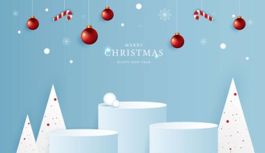 Noel 'de ya da yeni yılda ürün sergisi için podyum sahnesi. Mavi arkaplanda yılbaşı ya da sunumla ürün gösterimi yapın. vektör tasarımı.