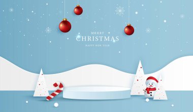 Noel 'de ya da yeni yılda ürün sergisi için podyum sahnesi. Kırmızı arkaplanda ışık ve sunumla ürün gösterimi yapın. vektör tasarımı.