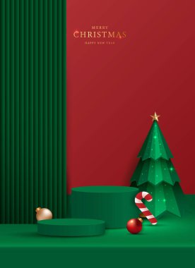 Noel 'de ya da yeni yılda ürün sergisi için podyum sahnesi. Kırmızı arkaplanda ışık ve sunumla ürün gösterimi yapın. vektör tasarımı.
