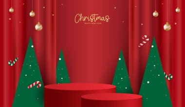 Noel 'de ya da yeni yılda ürün sergisi için podyum sahnesi. Kırmızı arkaplanda ışık ve sunumla ürün gösterimi yapın. vektör tasarımı.