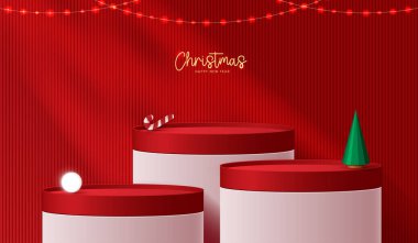 Noel 'de ya da yeni yılda ürün sergisi için podyum sahnesi. Kırmızı arkaplanda ışık ve sunumla ürün gösterimi yapın. vektör tasarımı.