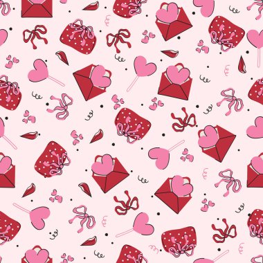 Sevgililer günü, kumaş, pamuk, duvar kağıdı, saten, halı için kalp tasarımı yapılmış sevgililer günü kusursuz desen. Sevgililer Günü arkaplan dokusu, romantik düğün tasarımı.