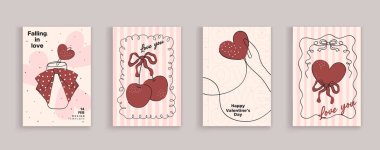 Sevgililer günü için sevgililer günü tebrik kartı seti. Zarif yay ve kurdelelerle el çizimi tuhaf çerçeveler. Poster, pankart, düğün davetiyesi, doğum günü kartı, damgalama şablonu.
