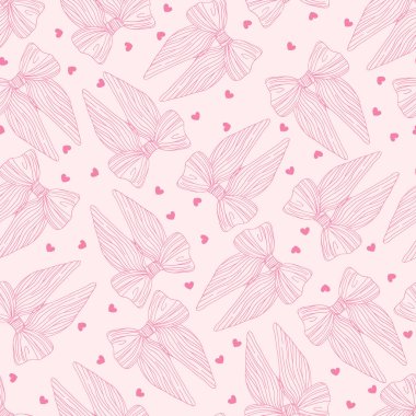 Kurdeleli, yay desenli, dişi desenli, karalamalı el çizimi romantik düğüm arka planı. Güzel bir paket kağıdı. Kutlama yayı modeli. vektör tasarımı.