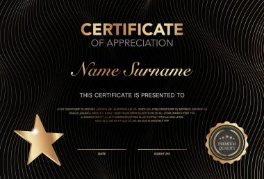 Altın ve siyah tasarımı olan zarif takdir şablonu sertifikası, başarı, eğitim, iş, kurumsal tanıma ve resmi resmi tören kullanımı için yüksek kalite ödülü diploması.