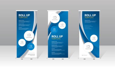 Modern rulo sancak şablonu mavi soyut tasarım, iş için profesyonel sunum standı, kurumsal pazarlama, sergi, ticaret gösterisi ve reklam gösterisi.